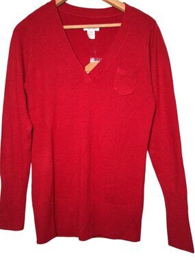 Route 66 Sweater Women Medium Red V Neck Baby Pocket Wide Cuff NEW Y2K Retro